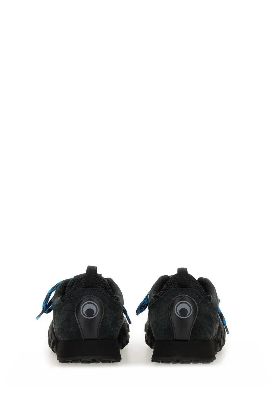 Back view of marine serre women’s ms rise ii black suede sneakers with blue laces and circular logo on heel