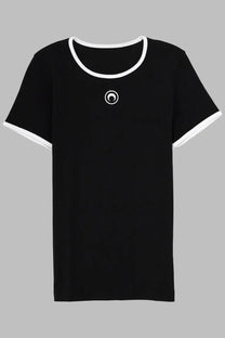 Marine Serre women’s black ringer tee with white trim and small circular logo embroidered on center chest