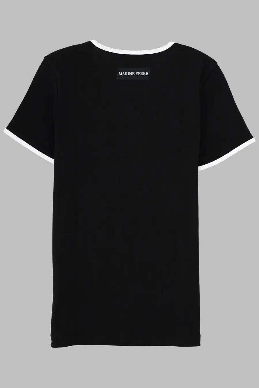 Marine serre women’s black cotton t-shirt with white ringer trim and small rectangular logo at the neckline