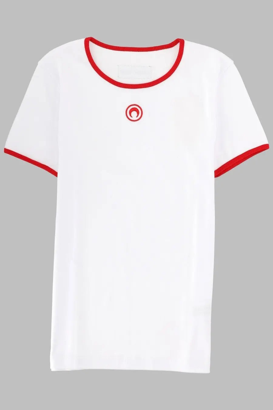 Marine Serre women’s white short-sleeved shirt with red trim and small embroidered circular logo on chest