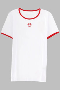 Marine Serre women’s white short-sleeved shirt with red trim and small embroidered circular logo on chest