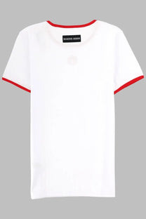 Marine serre women’s white t-shirt with red trim on collar and sleeve cuffs for casual wear