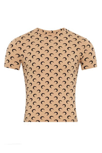 Marine Serre women’s beige short-sleeved t-shirt with a repeating black crescent moon pattern