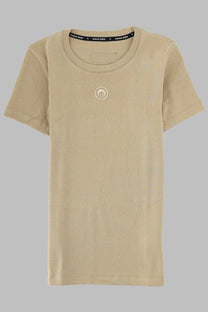Marine Serre women’s beige short-sleeved t-shirt with subtle white circular logo and branded neckline trim