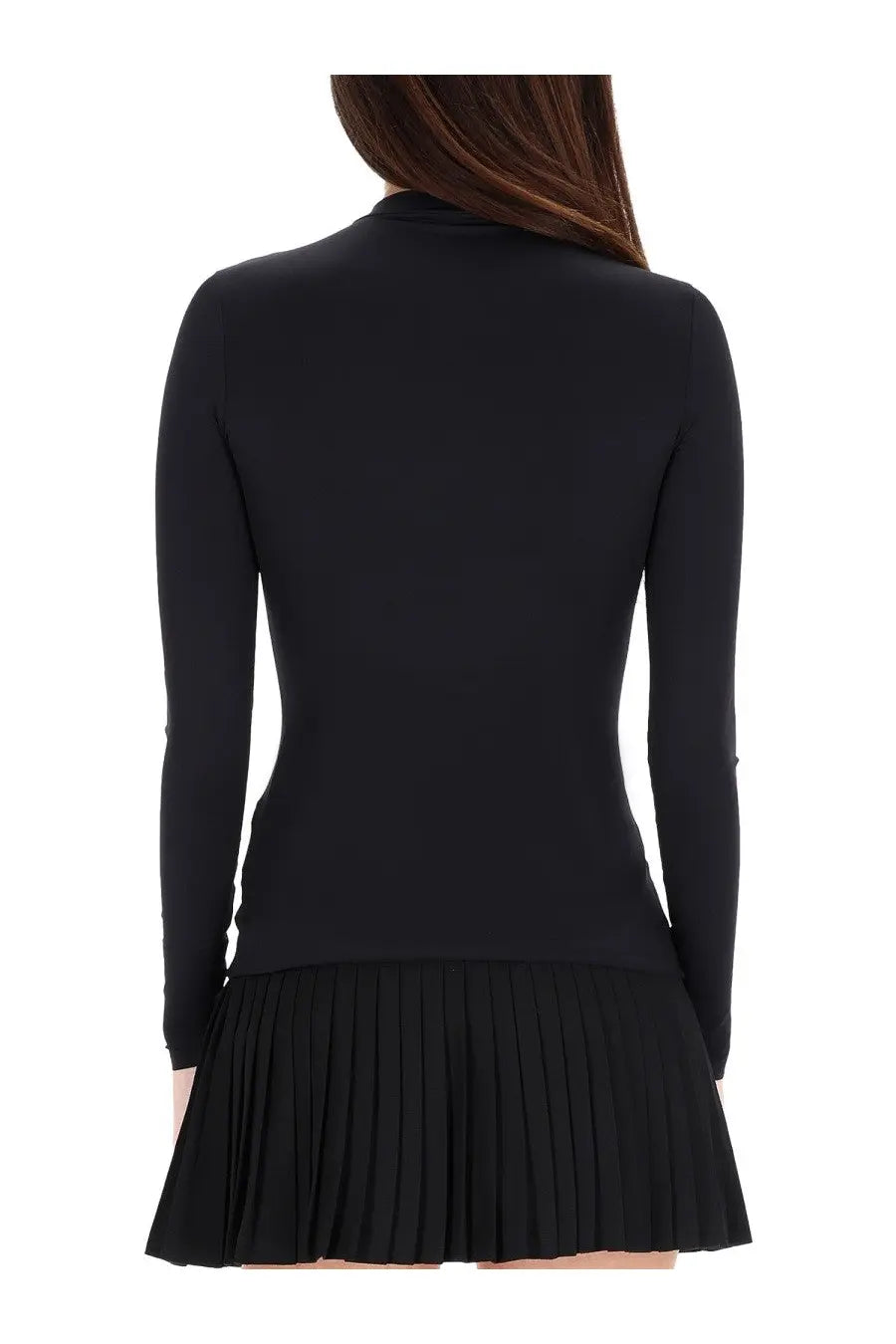 Marine Serre women’s black long-sleeved fitted shirt with high neckline made of smooth stretchy fabric