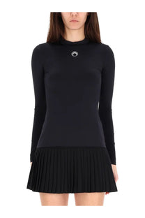 Marine serre women shirt moon black with long sleeves pleated skirt and minimalist circular logo at neckline