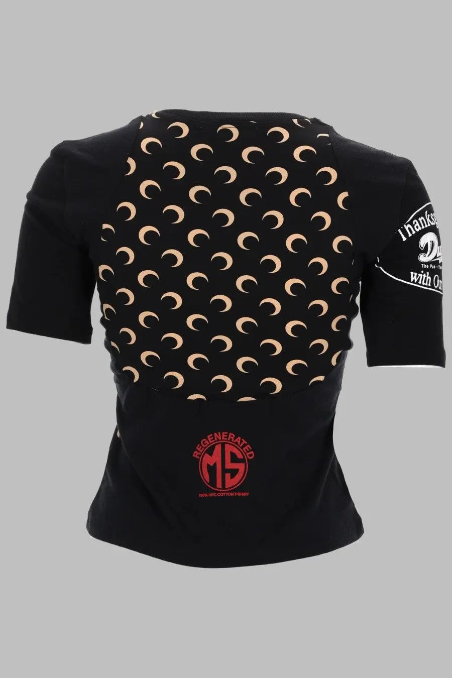 Back side of Marine Serre women’s black short-sleeved shirt with beige crescent moons and red regenerated ms branding