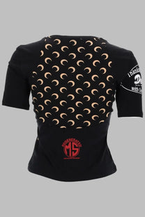 Back side of Marine Serre women’s black short-sleeved shirt with beige crescent moons and red regenerated ms branding