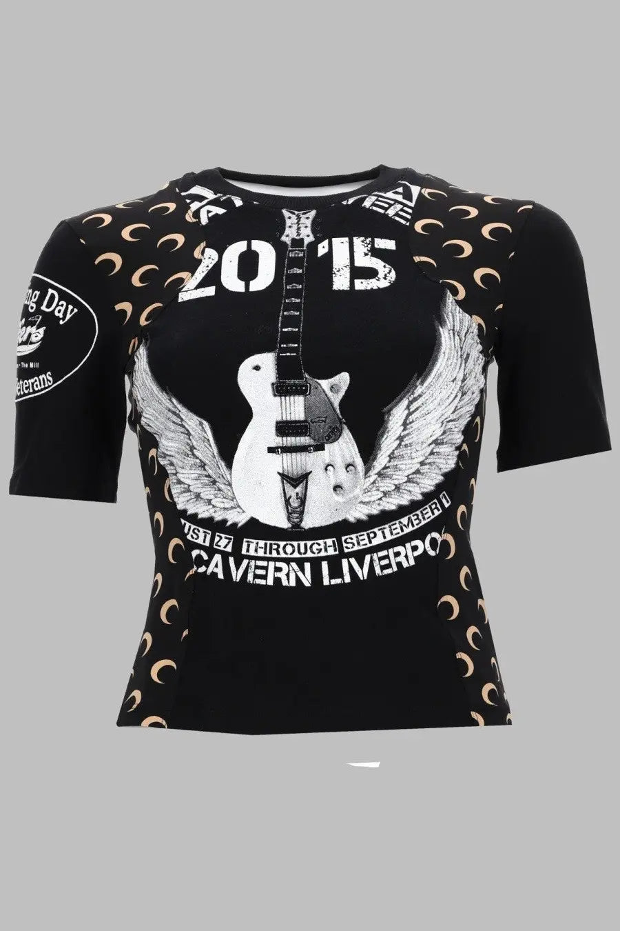 Marine serre women’s black short-sleeved upcycled cotton t-shirt with white electric guitar graphic and gold crescent moons