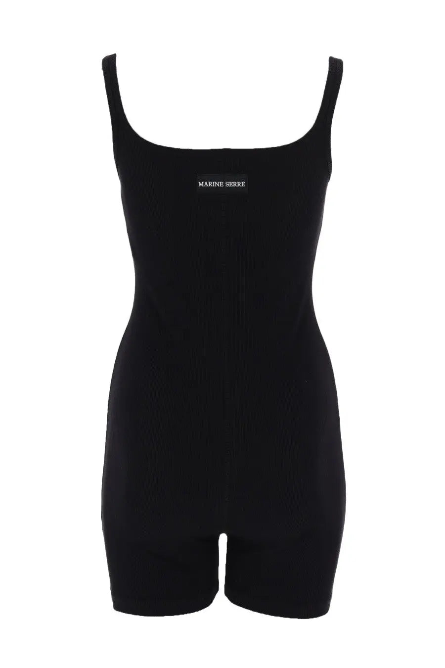 Marine serre women’s short black sleeveless jumpsuit with square neckline and minimalist branding perfect for summer wear