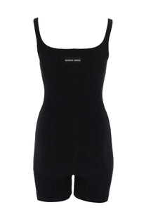 Marine serre women’s short black sleeveless jumpsuit with square neckline and minimalist branding perfect for summer wear