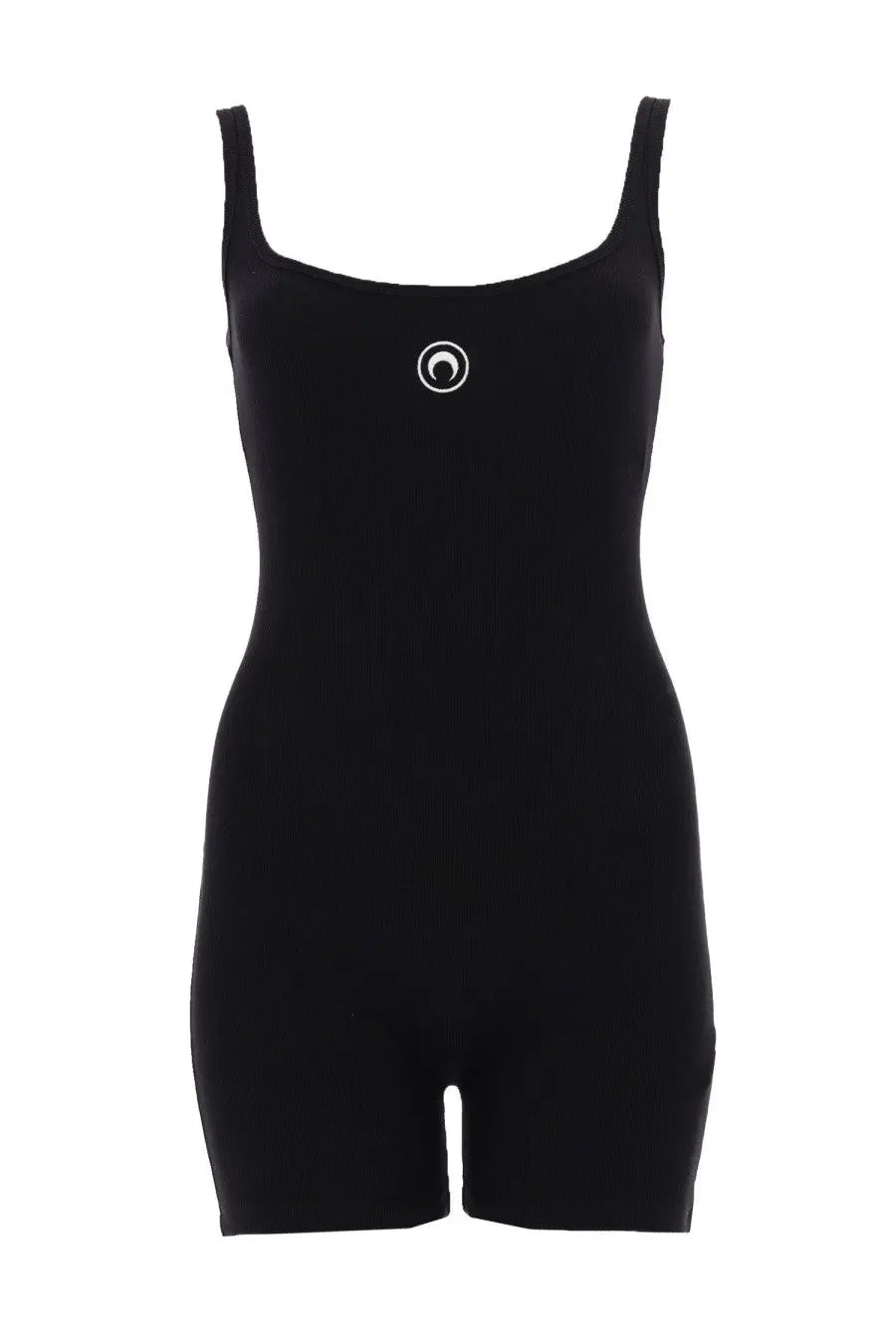 Marine Serre women’s black sleeveless one-piece jumpsuit with square neckline and small white logo on the chest