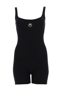 Marine Serre women’s black sleeveless one-piece jumpsuit with square neckline and small white logo on the chest