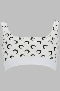 Marine Serre women’s white crop top bra with black crescent moon pattern and stretch fabric for casual wear