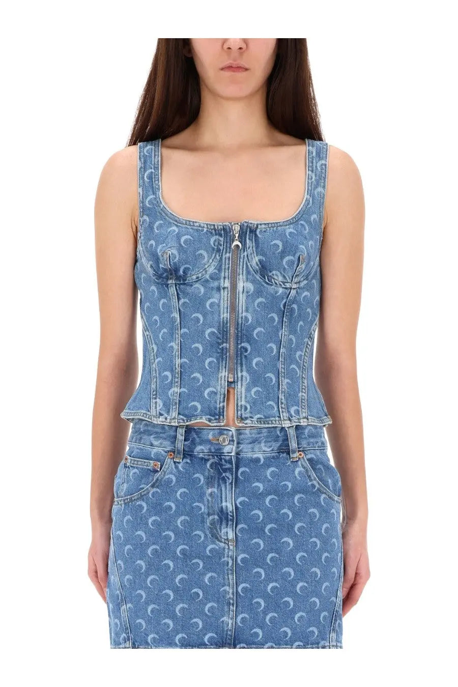 Marine serre women’s blue denim corset top with white crescent moon pattern and front zipper closure