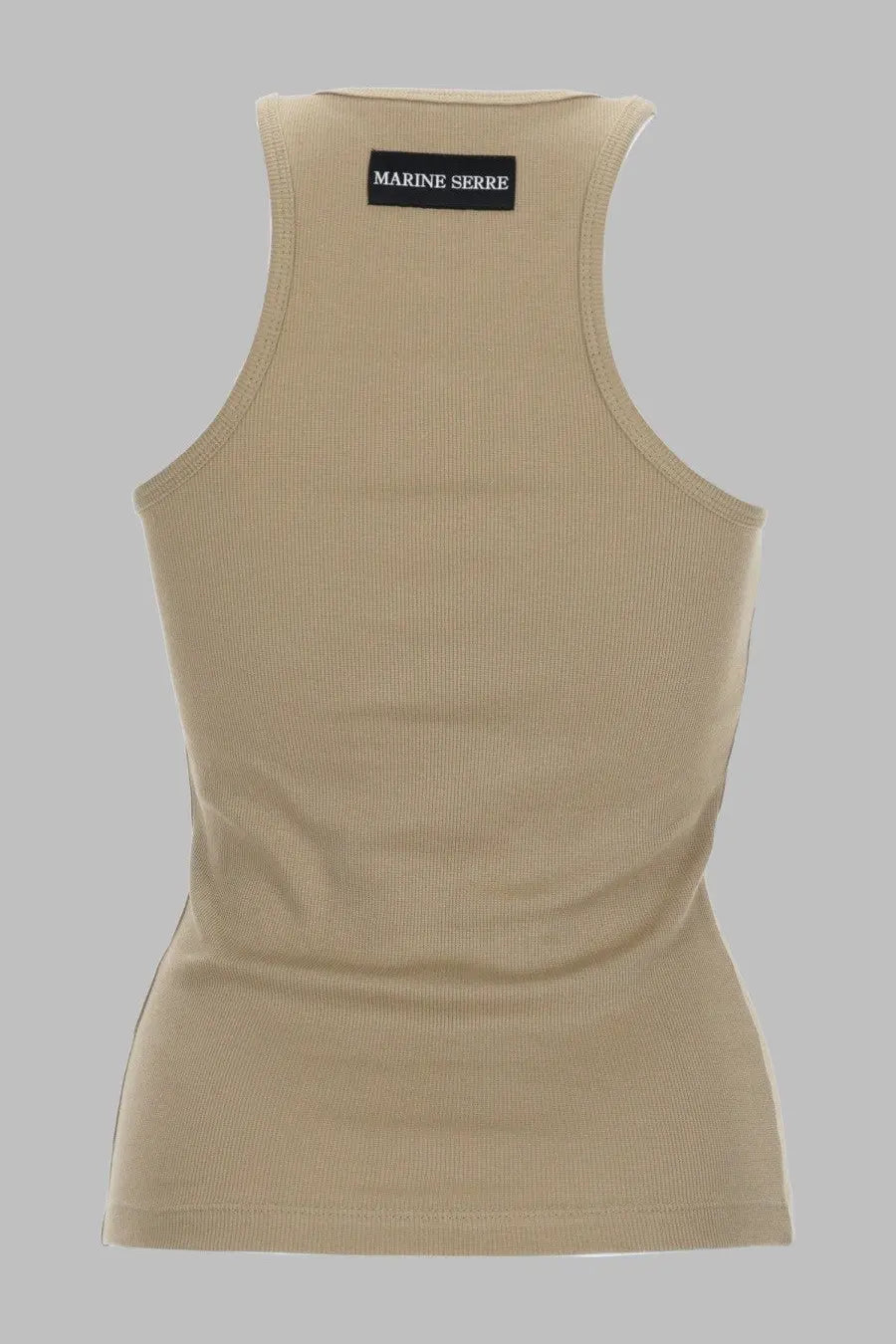 Marine serre women’s beige ribbed knit tank top with black brand label at the neckline