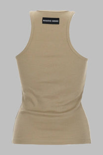 Marine serre women’s beige ribbed knit tank top with black brand label at the neckline