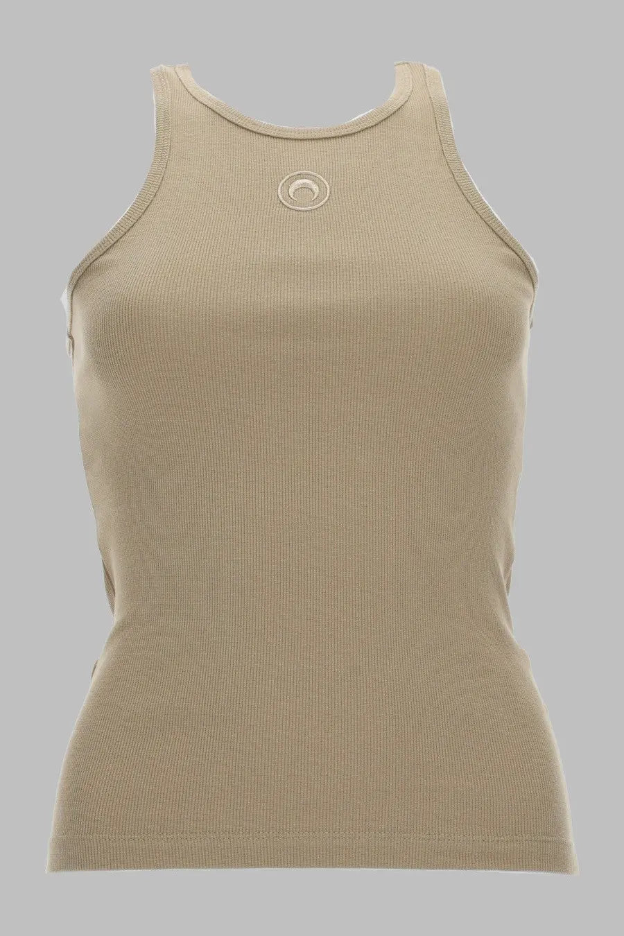 Marine serre women’s beige ribbed knit tank top with subtle circular logo embroidered at neckline