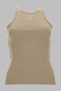 Marine serre women’s beige ribbed knit tank top with subtle circular logo embroidered at neckline