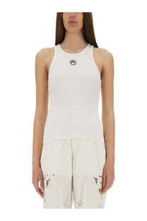 Marine serre women’s white sleeveless tank top with small black circular logo on the chest