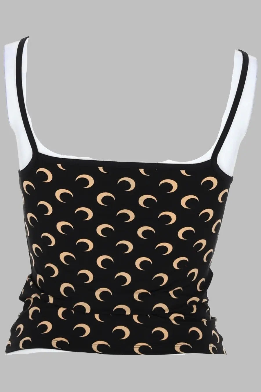 Marine serre women’s black jersey crop top with white straps and beige crescent moon pattern