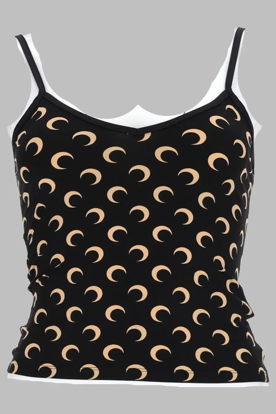 Marine serre women’s black jersey top with spaghetti straps featuring a beige crescent moon pattern