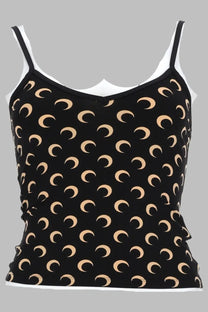 Marine serre women’s black jersey top with spaghetti straps featuring a beige crescent moon pattern