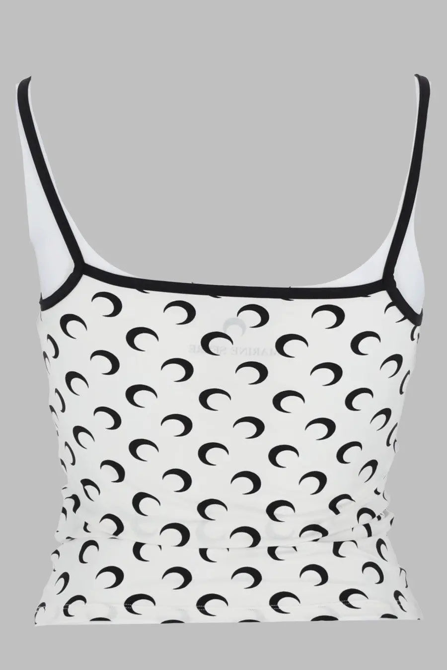 Marine serre women’s white jersey top with black crescent moon pattern and black trim in spaghetti strap style