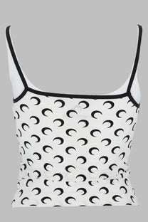 Marine serre women’s white jersey top with black crescent moon pattern and black trim in spaghetti strap style