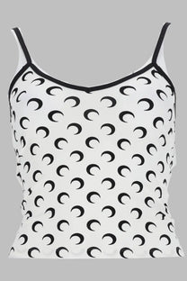 Marine Serre women top moon in jersey white with black crescent moon pattern white spaghetti strap camisole with black trim