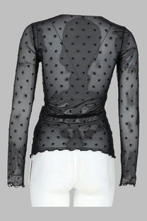 Marine Serre women’s black sheer long-sleeved top with dotted plumetis pattern and lace trim