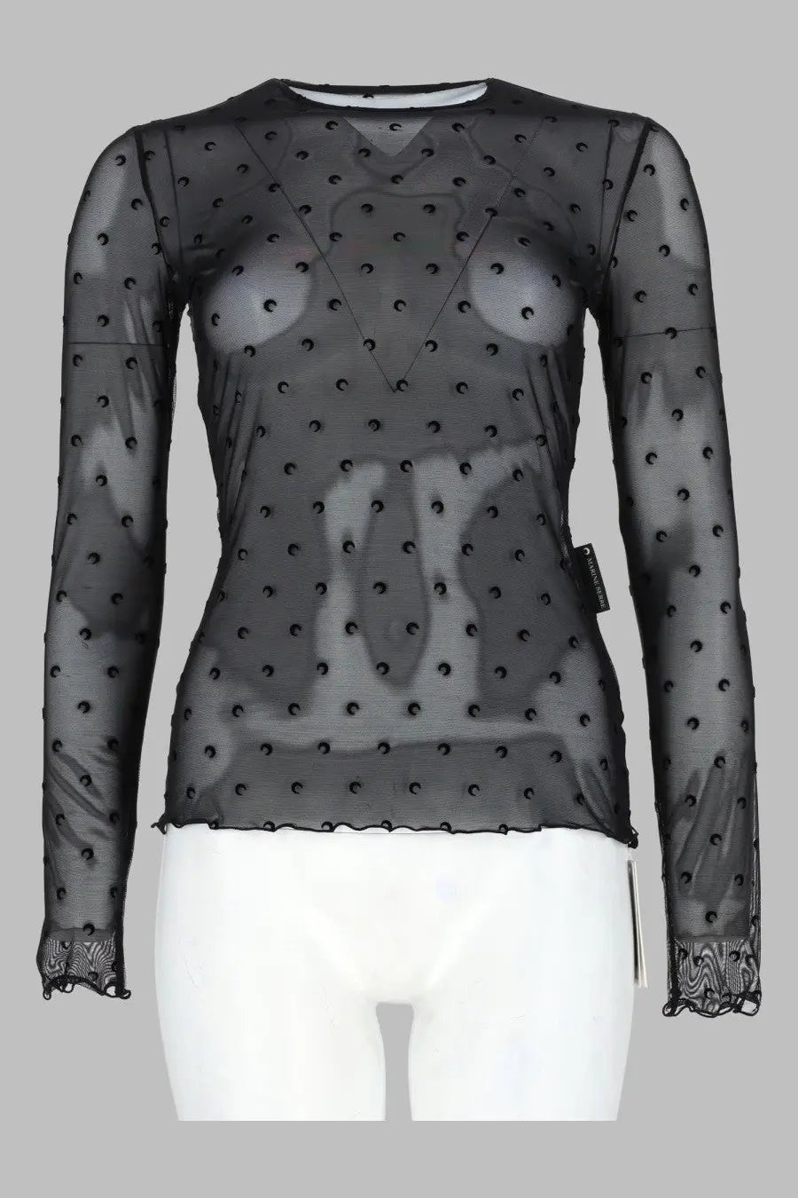 Marine serre womens black sheer long sleeve top with polka dot pattern and lace trim at cuffs in plumetis fabric