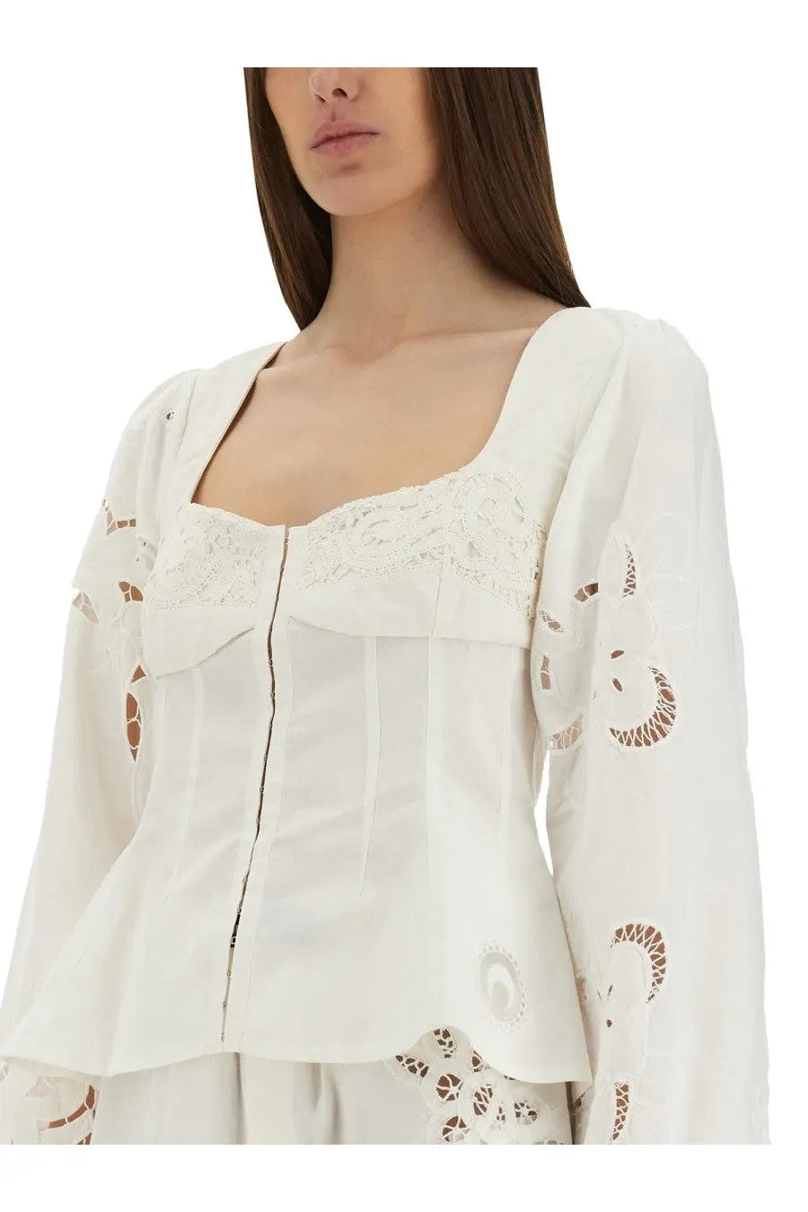 Marine serre women’s upcycled linen white blouse with delicate lace detailing and long sleeves for elegant wear