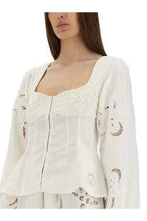 Marine serre women’s upcycled linen white blouse with delicate lace detailing and long sleeves for elegant wear