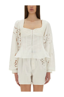 Marine Serre women’s upcycled white linen blouse with delicate floral embroidery and a square neckline