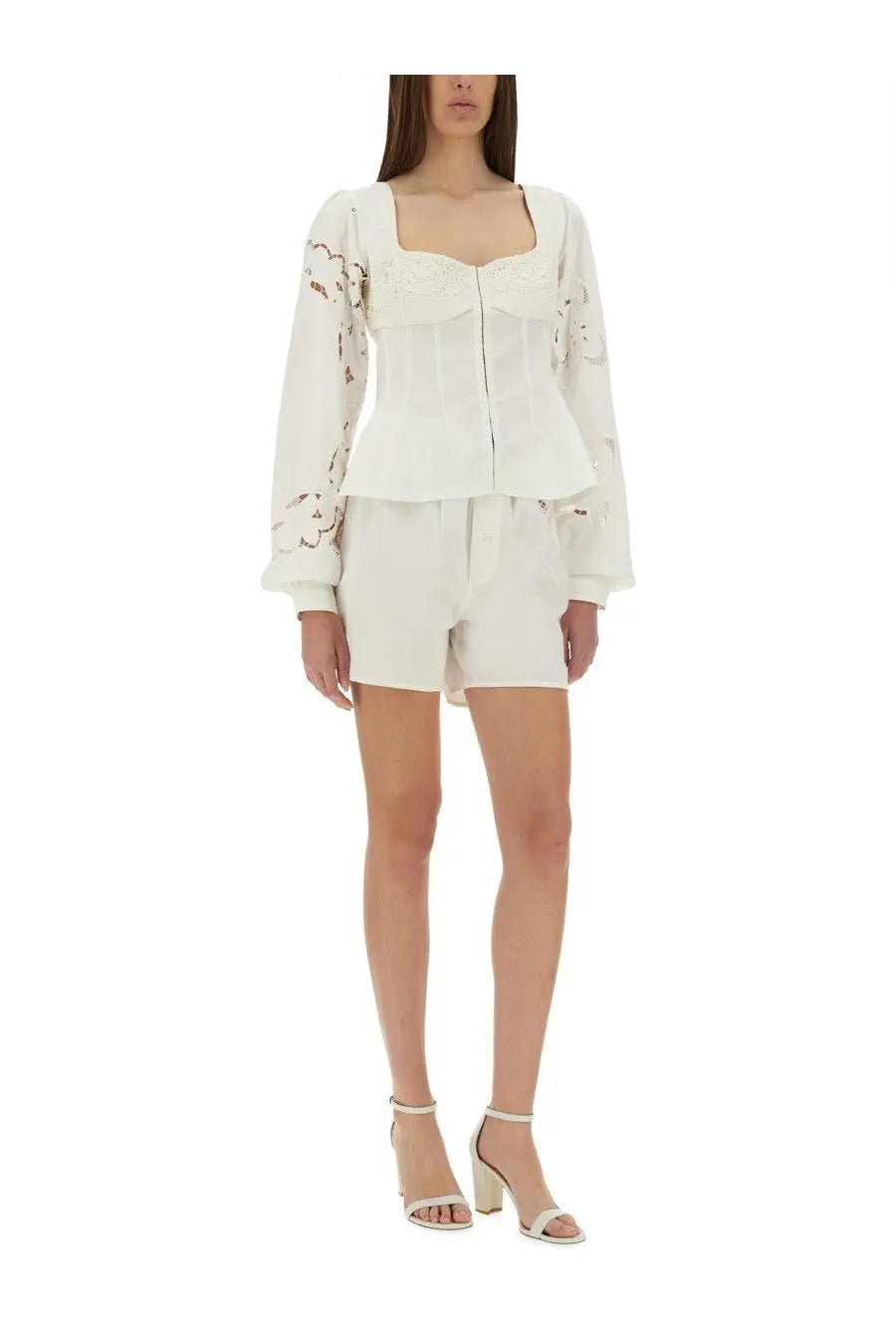 Marine Serre women’s upcycled linen white long-sleeve top with square neckline embroidered peplum hem