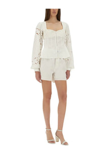 Marine Serre women’s upcycled linen white long-sleeve top with square neckline embroidered peplum hem