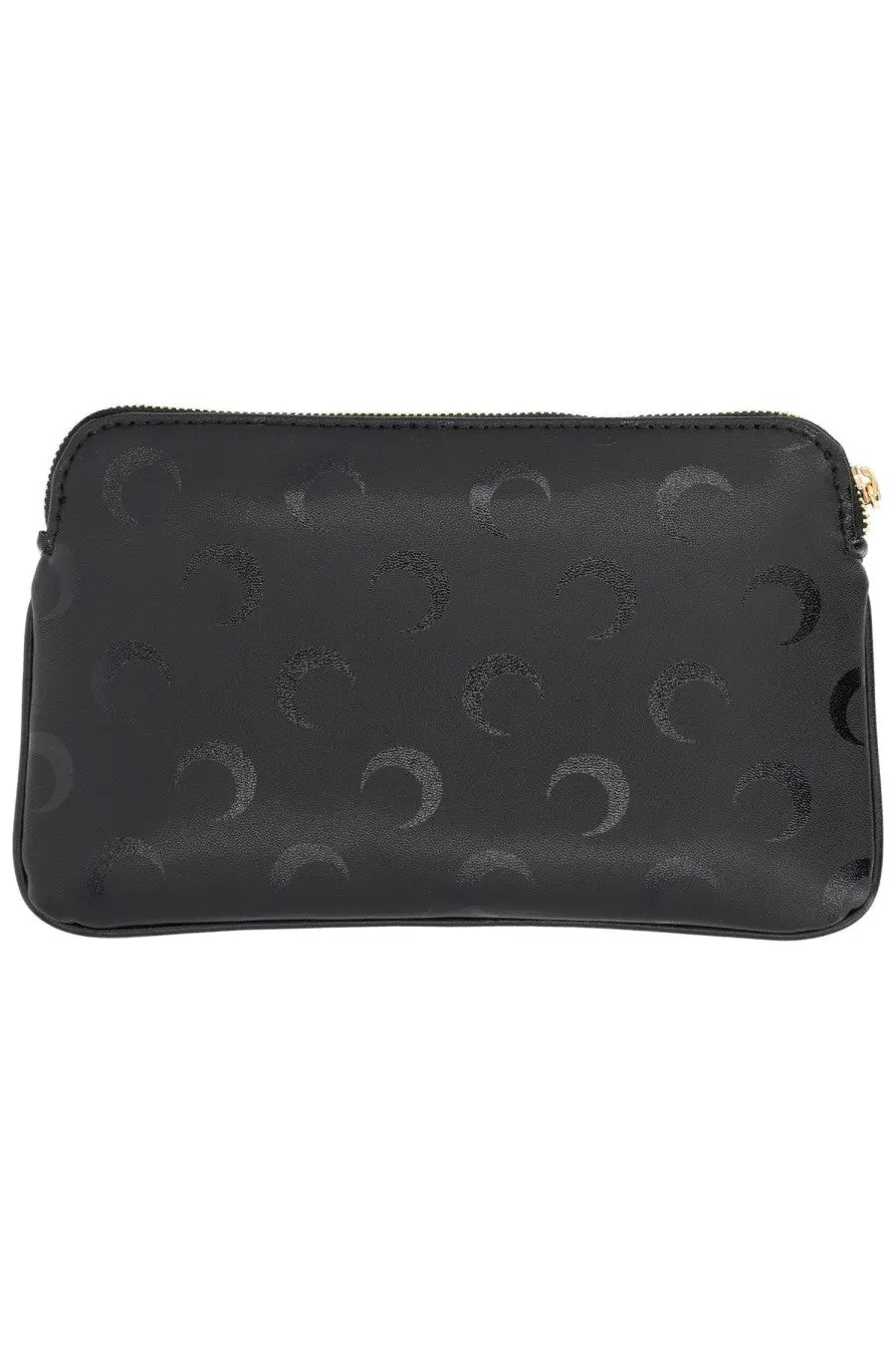 Marine serre women’s black clutch with subtle embossed crescent moon pattern and gold-tone zipper closure