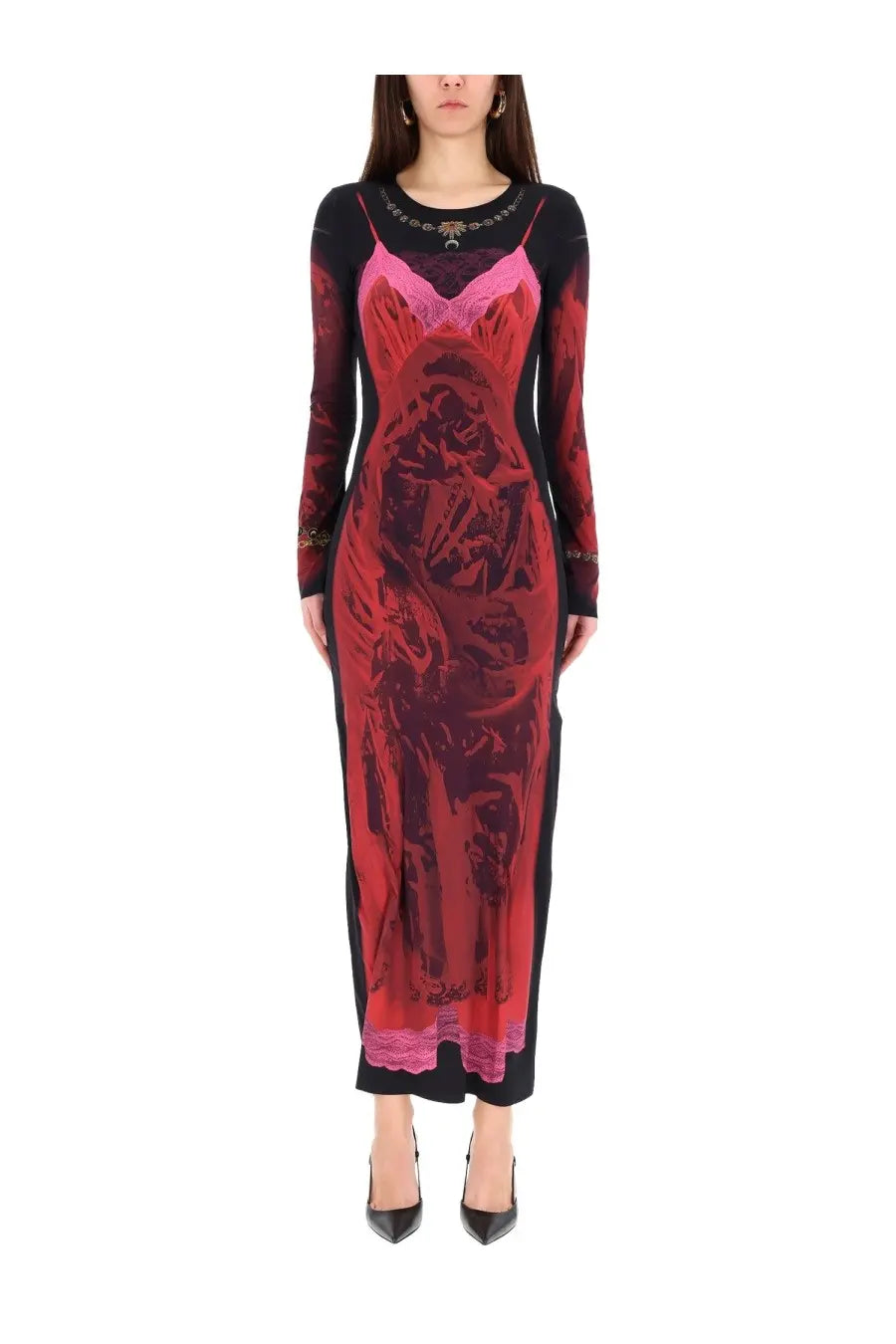 Marine Serre women’s wet nuisette midi dress in black with a vibrant red and pink gothic-style graphic print