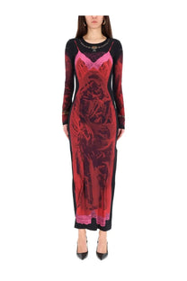 Marine Serre women’s wet nuisette midi dress in black with a vibrant red and pink gothic-style graphic print