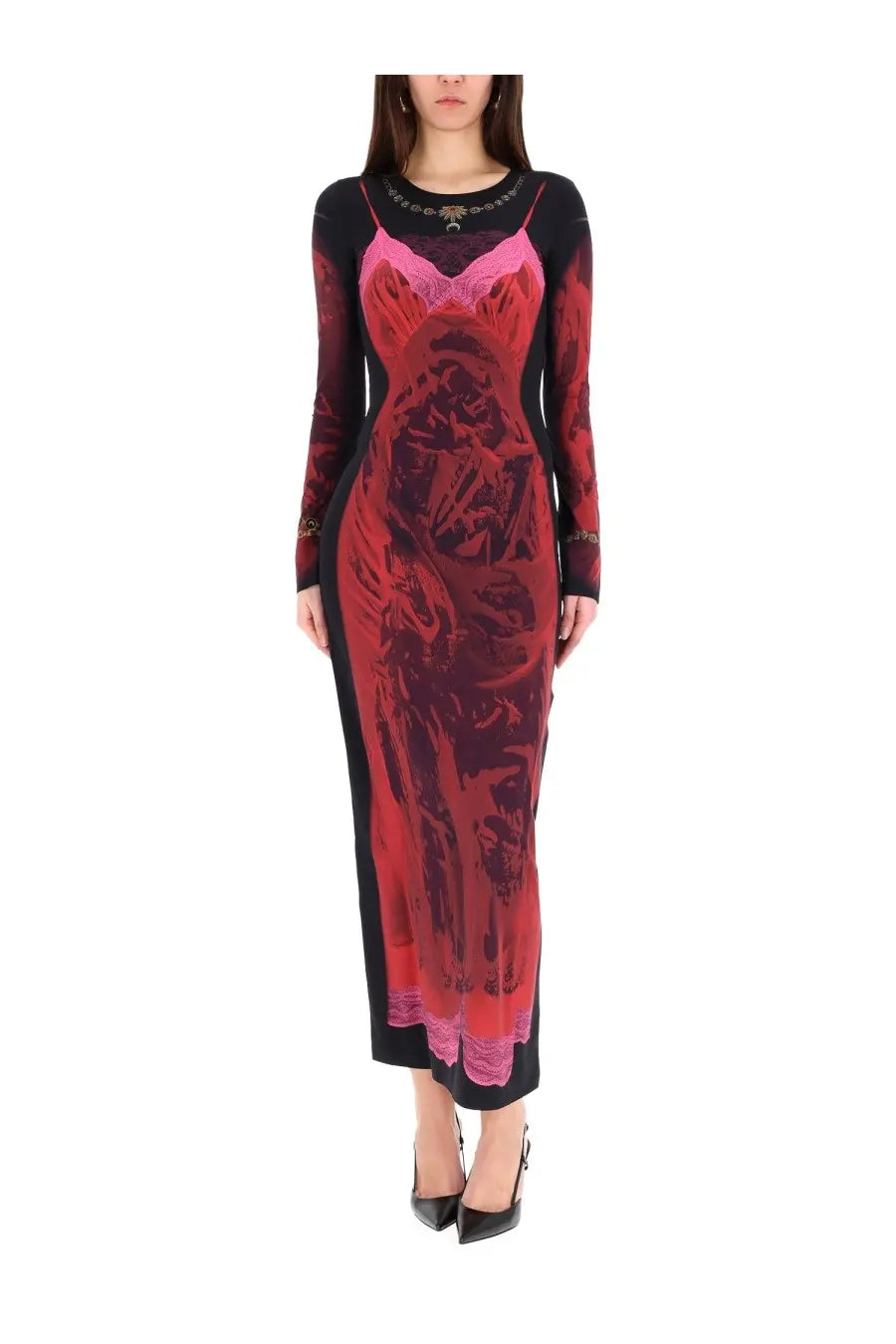 Marine Serre women’s wet nuisette midi dress in black and red with long sleeves and detailed graphic print of a figure
