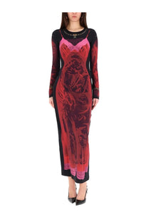 Marine Serre women’s wet nuisette midi dress in black and red with long sleeves and detailed graphic print of a figure