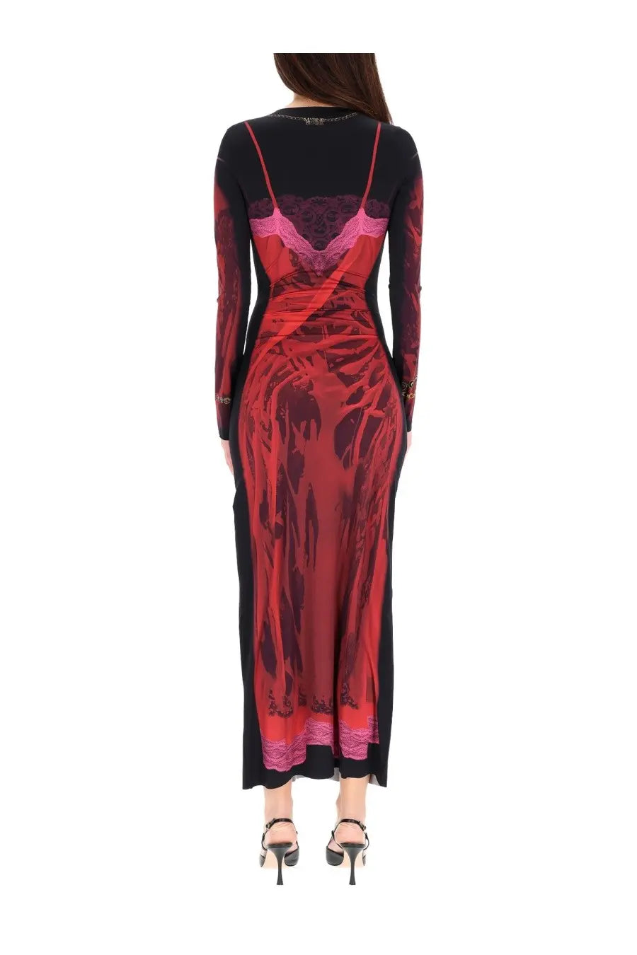 Marine Serre women’s wet nuisette midi dress in black and red with long sleeves and lace lingerie printed design