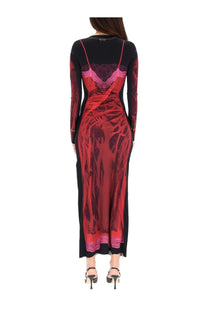 Marine Serre women’s wet nuisette midi dress in black and red with long sleeves and lace lingerie printed design