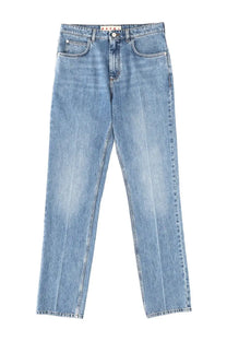Marni men’s cotton denim pants blue light-wash with straight-leg cut and five-pocket design featuring brand label
