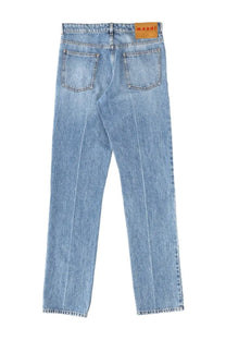Light-wash marni men’s cotton denim pants with straight-leg cut and brown leather brand patch at the waistband back view