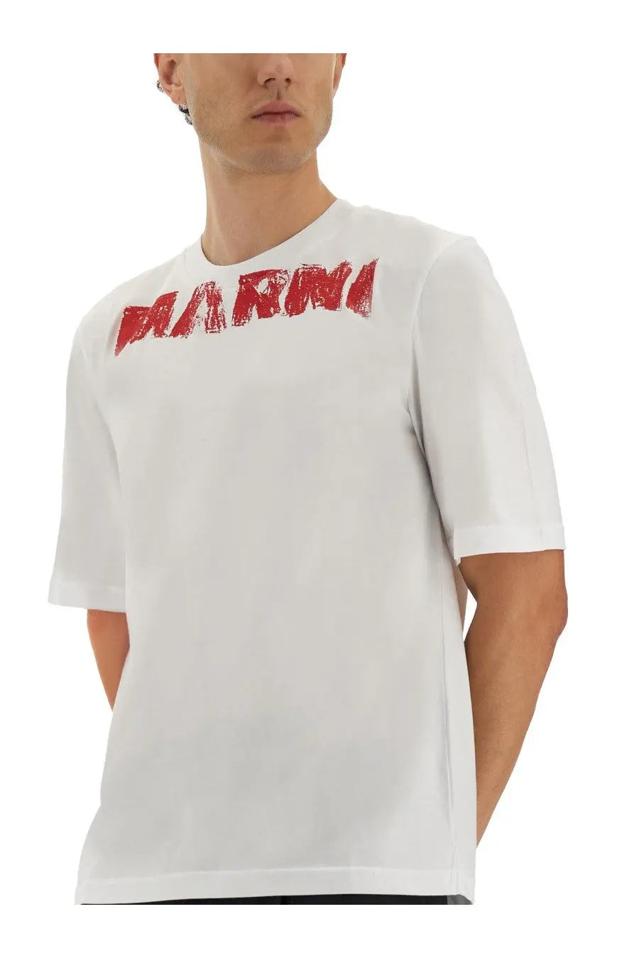 Marni men’s white cotton short-sleeved t-shirt with bold distressed red darina logo across the chest