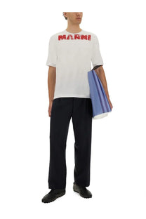 Marni men’s white cotton short-sleeved t-shirt with bold red marini lettering across the chest