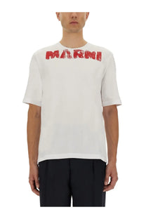 Marni men’s white cotton short-sleeved t-shirt with bold red distressed marni logo across the chest