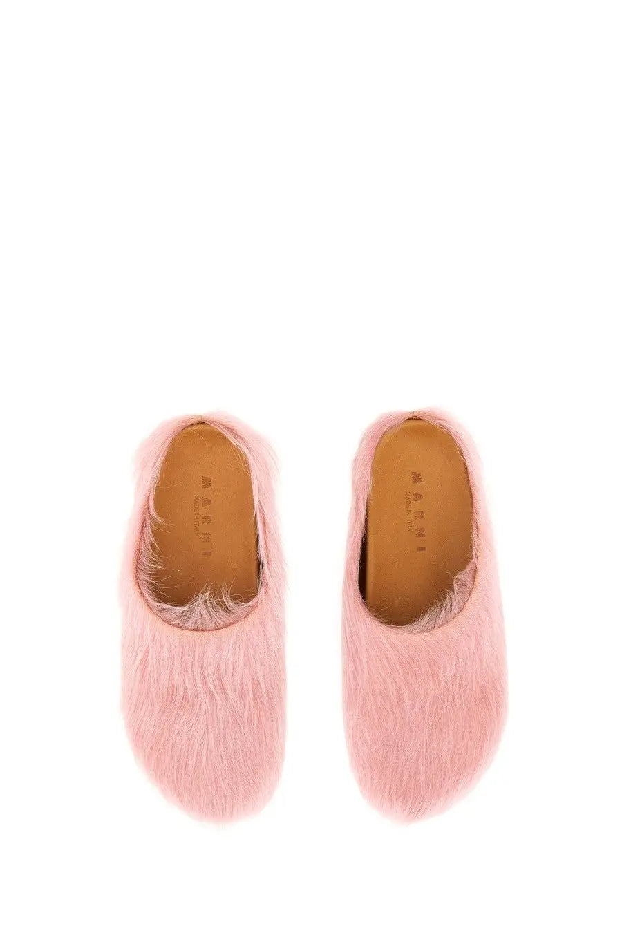 Pink faux fur mules with soft fluffy texture and tan leather insoles in marni men’s fussbett sabot blue style